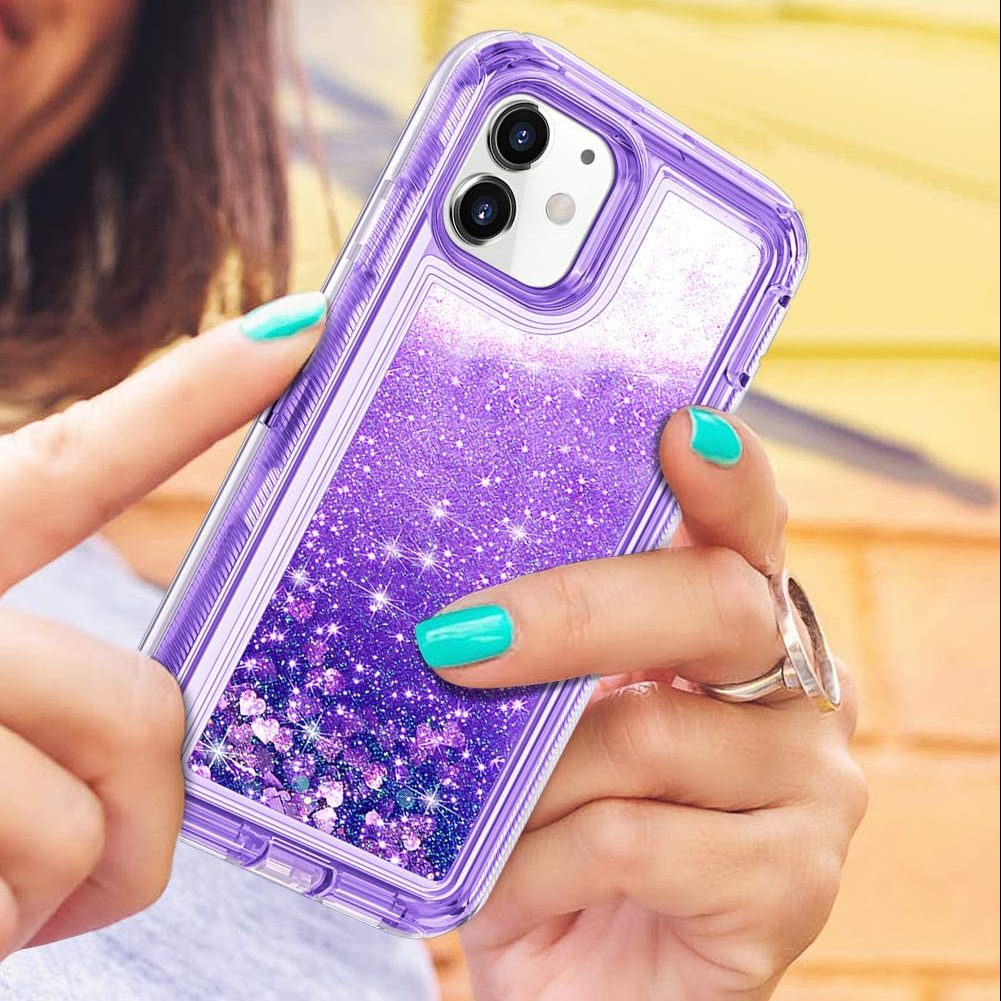 Woman iPhone 11 Bling Case Woman holding purple iPhone bling case outdoor